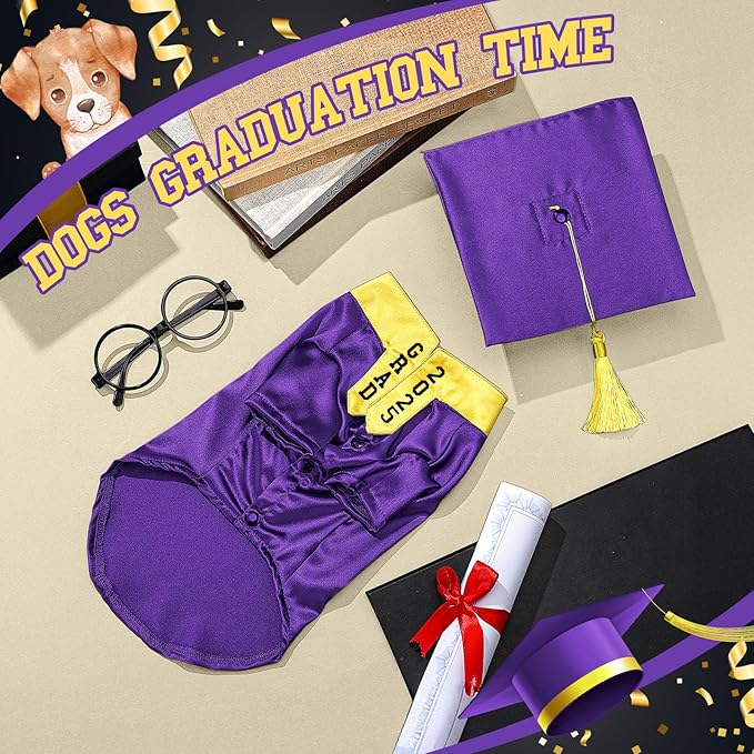 5 Pcs Dog Graduation Costume Set Include 2025 Pet Graduation Gown with Stole Puppy Grad Cap Lensless Glasses DIY Letter Stickers for Dogs Cats Holiday Costume Accessory(Purple Yellow,L)