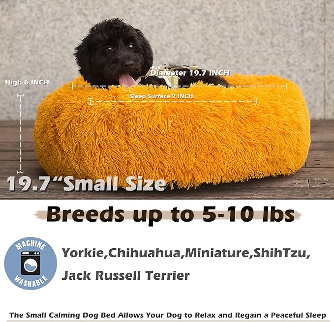 Round Small Dog Bed Washable Cozy Soft Calming Pet Bed with Anti-Anxiety Fits up to 15lbs,Orange 19 inches