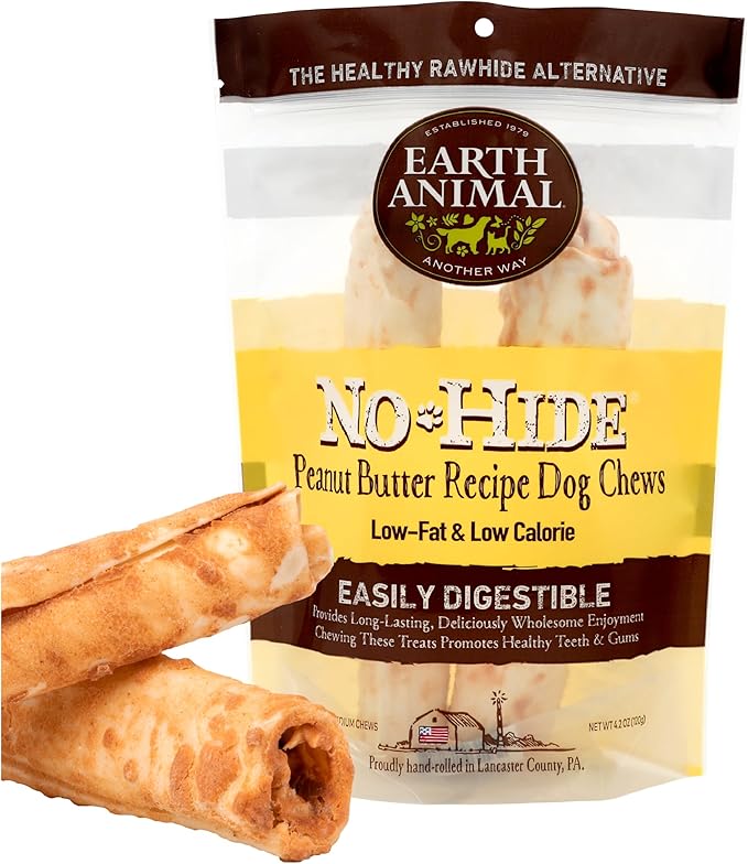 Earth Animal No Hide Medium Peanut Butter Flavored Natural Rawhide Free Dog Chews Long Lasting Chew Sticks | Treats for Large Dogs | Great for Aggressive Chewers (1 Pack)