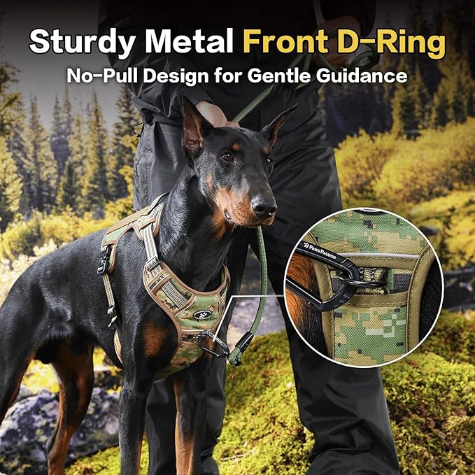 PawsPassion Tactical Dog Harness for Medium Dogs, Chew-Proof Metal Hardware, Heavy Duty No Pull Dog Harness, Reflective Strips, Adjusting Ring, MOLLE System, Hook and Loop Panel (Forest Recon, M)