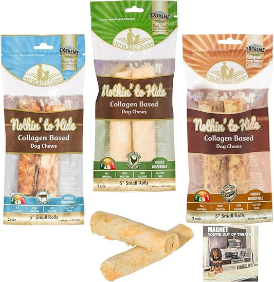Fieldcrest Farms Nothing to Hide Natural Rawhide Alternative Rolls for Dogs - 3 Pack Bundle (Chicken, Beef, Peanut Butter) Premium Grade Easily Digestible Chews for Moderate Chewers up to 35 lbs