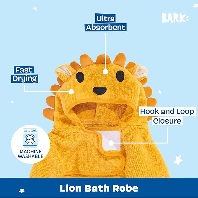 Barkbox Dog Bathrobe Fast Drying with Hook and Loop Closure & Wrap Tie Snuggle, Cute Dogs Clothes, Easy to Clean, Machine Washable, Dog Coats and Tumble Dry Low - Lion, Small
