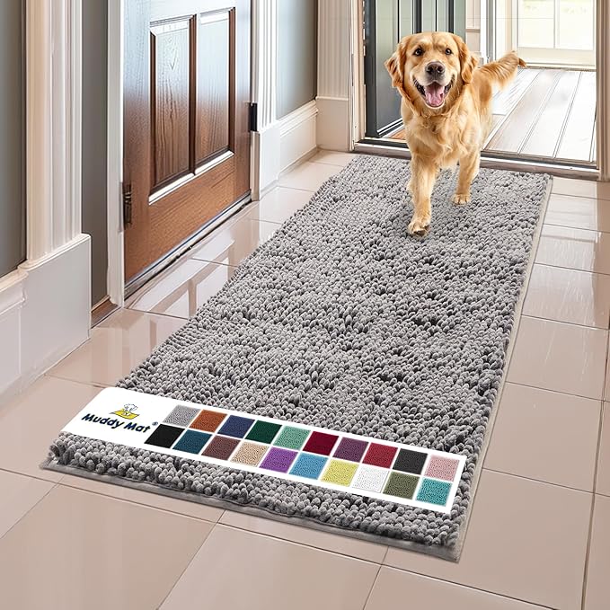 Muddy Mat® Shown on TV – Super Absorbent Microfiber Dog Door Mat for Muddy Paws, Non-Slip Washable Pet Rug, Quick Dry Chenille Entryway Carpet, Machine Washable Indoor Outdoor mat, Grey 59"x24"