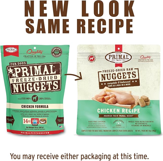 Primal Freeze Dried Dog Food Nuggets, Chicken, Complete & Balanced Meal, Also Use as Topper or Treat, Premium, Healthy, Grain Free, High Protein Raw Dog Food, 14 oz (Pack of 4)