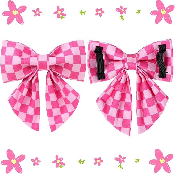 Pink Plaid Bowtie Dog Collar, Summer Bowtie Collar for Puppy Boy Girl Dog, Comfortable Cotton Dog Collar with Metal Buckle, L, Neck 16-24in