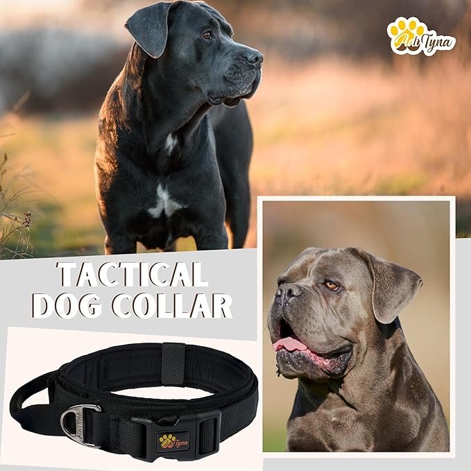 ADITYNA Tactical Dog Collar for Extra-Large Dogs - Soft Padded, Heavy Duty, Service, Adjustable Military K9 Black XL Collar with Handle for Training and Walking