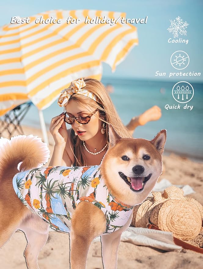 Hawaiian Dog Shirts,Quick Dry Summer Cooling Mesh Coconut Printing T-Shirt for Medium Dogs,Blue+Yellow M
