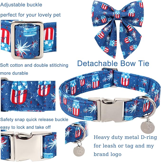 Patriotic Dog Collar with Bow Tie, 4th of July Bowtie Dog Collar, American Flag Collar for Puppy Boy Girl Dog or Cat, Comfortable Summer Bowtie Collar with Metal Buckle, XS