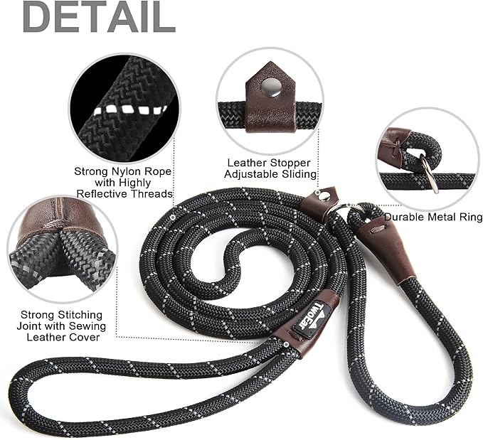 TwoEar Dog Slip Rope Leash - 1/2" x 6FT Heavy Duty Training Leash with Reflective Threads for Small to Large Dogs (Black)