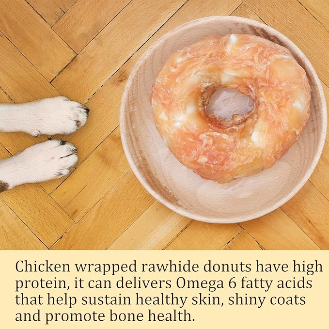 Dog Treats Large Breed, Chicken Wrapped Rawhide Donuts Ring Rawhide Dog Chews Long Lasting Grain Free Snacks with Taurine for Medium Large Dogs 4 Counts