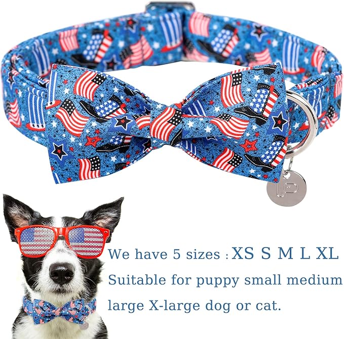 Patriotic Dog Collar with Bow Tie, 4th of July Bowtie Dog Collar, American Flag Collar for X-Large Boy Girl Dog, Comfortable Summer Bowtie Collar with Metal Buckle, XL