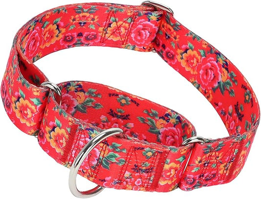 Martingale Dog Collar 1.5” Width – Heavy Duty Adjustable Training Collar with Stylish Red Floral Design – Secure Fit for Large Dogs – Perfect for Walking, Hunting & Outdoor Adventures XL