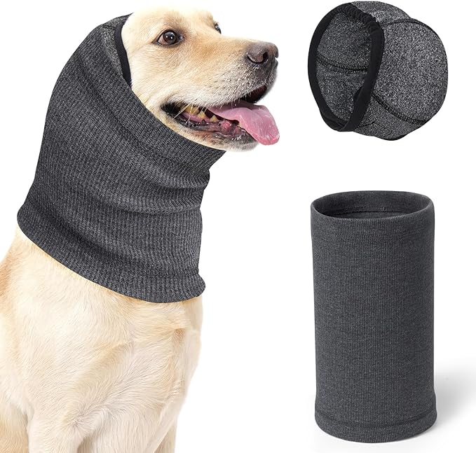 SlowTon Quiet Ears Dog Hoodie - 2 Pcs Ear Wrap Dog Ear Muffs Noise Protection, Anxiety Relief Dogs Hat Calming Hood Head Cover, Pet Headband Dogs Ear Protector for Grooming, Force Drying (Grey,L)