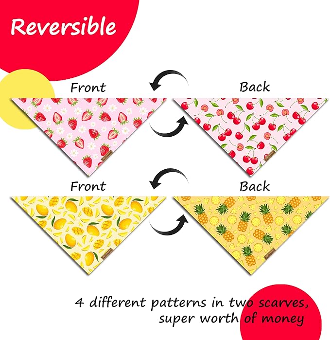 Summer Fruit Dog Bandanas 2 Pack 4 Pattern Reversible, Holiday Bandana for Boy and Girl, Premium Durable Fabric, Party Triangle Scarf for Medium to Large Breed Dogs (Large)