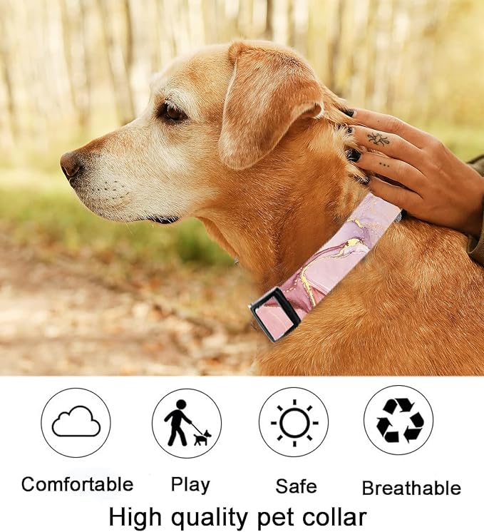 Dog Collar, Cute Dog Collar for Small Medium Large Dogs, Personalized Adjustable Soft Pet Collars with Quick Release Buckle for Walking Running, Pink Gold Marble