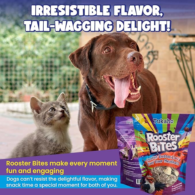Rooster Bites Peanut Butter and Beef Liver Cat and Dog Treats - All Natural Freeze Dried High Protein Training Treats - Perfect for Dogs and Cats from Small to Extra Large Breeds