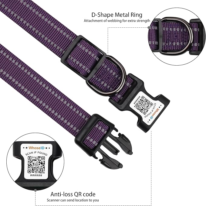 Dog Collar with QR Code, Reflective Dog Collar, Soft Neoprene Padded & Safety Locking Buckle Adjustable Pet Collar (Purple, L-with Airtag Holder)