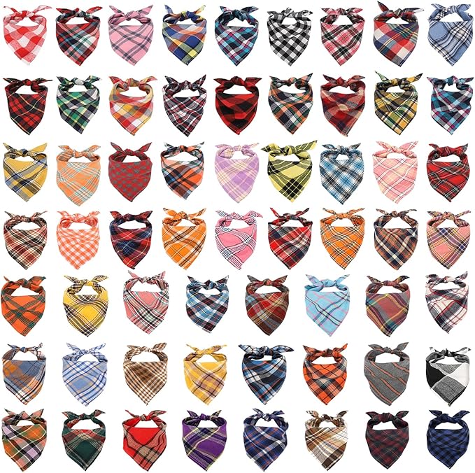 Segarty 60 Pack Triangle Plaid Bibs, 22.8"x15.7" Pet Scarf Washable Dog Bandanas Accessories Bulk for Small Medium Dogs Cats Large Puppy Dogs, Adjustable Reversible Boy Pets Birthday Kerchief