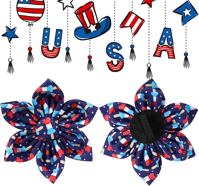 American Flag Dog Collar with Flower, 4th of July Comfortable Cotton Cute Dog Collar with Metal Buckle, Patriotic Flower Collar for Puppy Girl Boy Dog, M