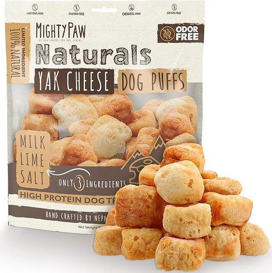 Mighty Paw Yak Cheese Puffs for Dogs - All-Natural Pet Treats for All Sized Breeds - Odorless Limited-Ingredient Chews for Puppies & Power-Chewers - Rich in Protein and Calcium - Easy to Chew (8 oz.)