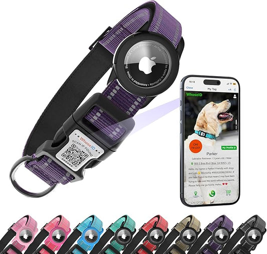 Dog Collar with QR Code, Reflective Dog Collar, Soft Neoprene Padded & Safety Locking Buckle Adjustable Pet Collar (Purple, L-with Airtag Holder)