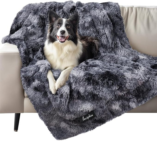 Luciphia Large Waterproof Dog Blanket for Pet Washable Liquid Proof Furniture Protector Shaggy Plush Calming Long Faux Fur Bed Cover for Couch Calming Cat Blankets for Medium, Tie-dye Grey, 50" x 60"