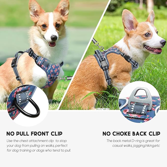 Timos Dog Harness, No Pull Dog Harness 3 Snap Buckles Adjustable Reflective No Choke Pet Vest for Small Dog with Soft Padded Control Training Handle for Outdoor Training,Flower Blue, S