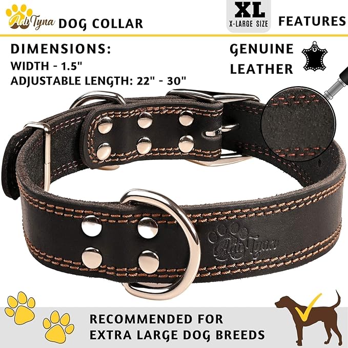 ADITYNA Heavy Duty Leather Dog Collar for Extra-Large Dogs - Soft and Strong Black Leather Collar for XL Breeds (Extra-Large: Fit 22" - 30" Neck, Black)