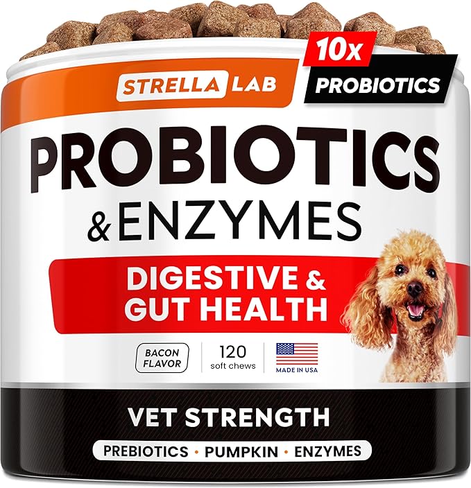 STRELLALAB Vet Strength Dog Probiotics Treats - 1 Billion CFU + Digestive Enzymes + Prebiotics - Chewable Fiber Supplement w/Pumpkin - Allergy, Diarrhea, Gas, Constipation, Upset Stomach Relief