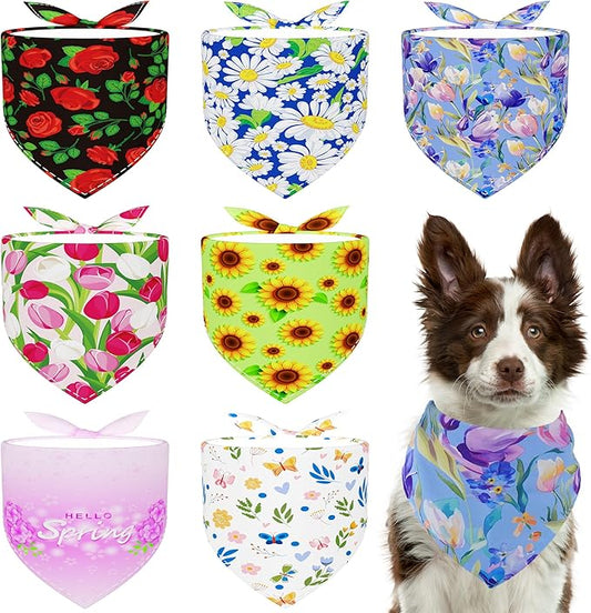 7 Pack Spring Dog Bandanas for Large Dogs Breed 33 Inch XL Summer Flowers Dog Bandana Adjustable Polyester Scarves Grooming L
