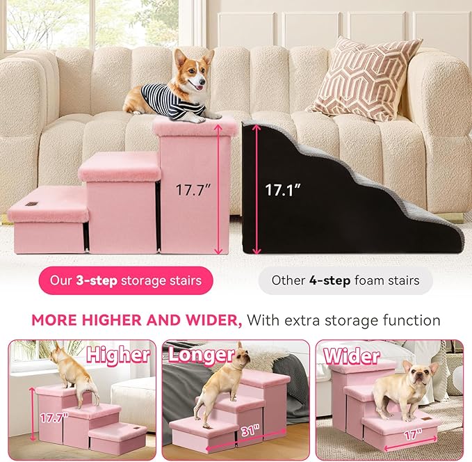 Dog Stairs with Furry Lids 18" H, 3-Step Wider Dog Steps with Storage for Small/Medium/Large Dogs Cats, Folding Sturdy Pet Stairs Climbing Bed or Sofa, Ramp for Car Hold Up to 200 lbs, Pink