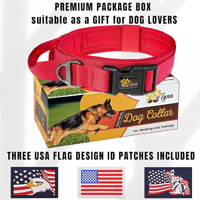 ADITYNA Tactical Dog Collar for Extra-Large Dogs - Soft Padded, Heavy Duty, Adjustable, Military Big Red Collar with Handle for Training and Walking