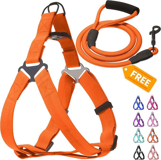 Step in No Pull Dog Harness, Free Upgrade Ultra Durable Dog Rope Leash Harness Nylon (2-in-1) Non-Slip Adjustable, Easy Control Handle, Strong Metal, Vest Harness for Puppy Dog - Orange M