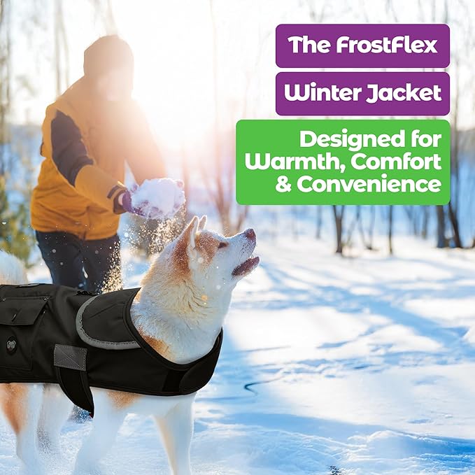 Joyride Harness FrostFlex Dog Winter Jacket - Fleece Lined & Water-Resistant - Snowsuit with Pockets for Treats & Poop Bags - Durable Cold Weather Dog Coat - Black Onyx-XXL