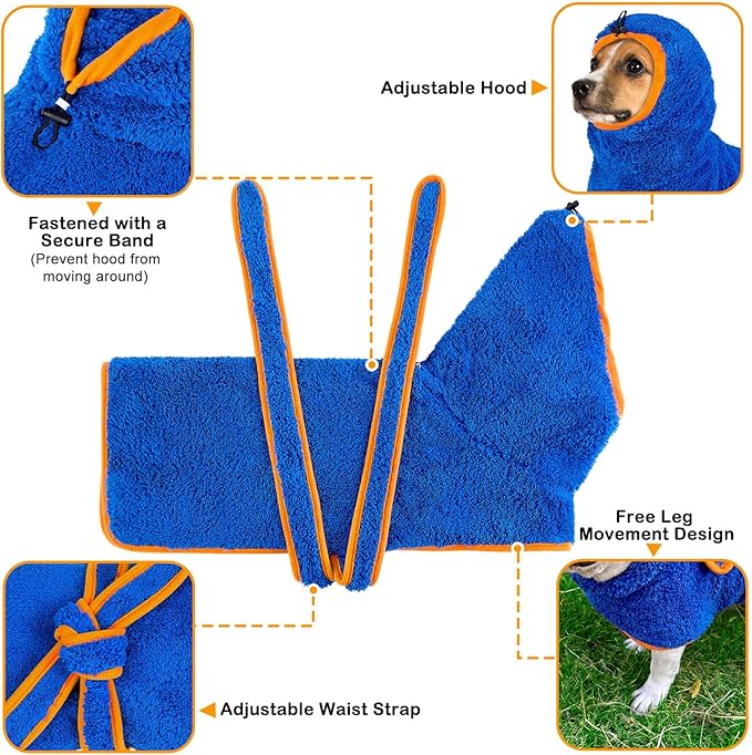 Bienbee Soft Dog Bathrobe,Super Absorbent & Quick-Drying Dog Robe with Hood, Cozy Drying Coat for After Bath, Blue XXL