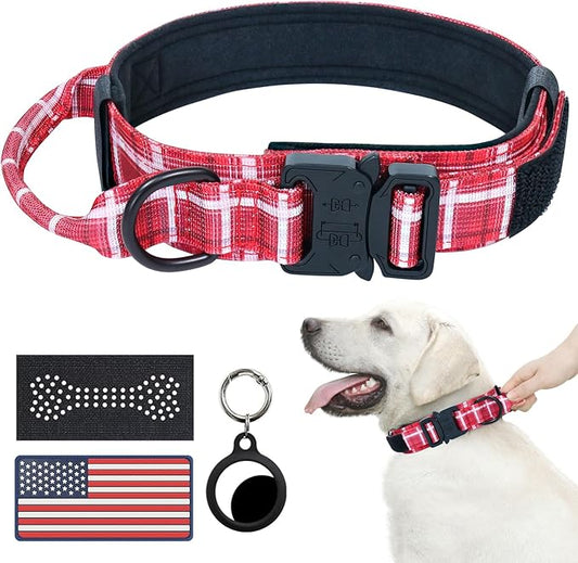 Hotsky Tactical Dog Collar, Adjustable Military Training Nylon Airtag Collar with Handle and Heavy Duty Metal Buckle for Medium Large Dogs, with Airtag Holder and Two Patches(Redplaid,L)