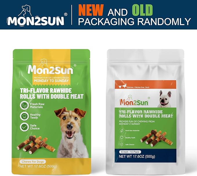 MON2SUN Dog Treats, Triple Flavor 6 Inch Chicken Liver Duck and Chicken Wrapped Rawhide Sticks, Teeth Cleaning Snacks for Medium Dogs, 17.6 oz (10 Count-Pack of 1)