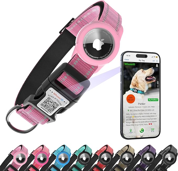 Dog Collar with QR Code, Reflective Dog Collar, Soft Neoprene Padded & Safety Locking Buckle Adjustable Pet Collar (Pink, XS-with Airtag Holder)