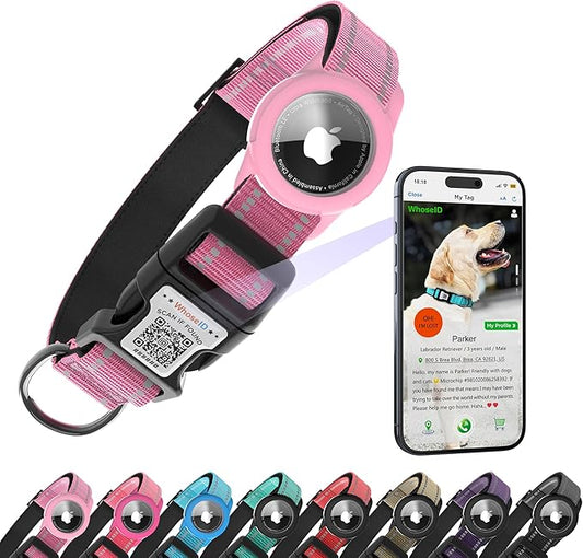Dog Collar with QR Code, Reflective Dog Collar, Soft Neoprene Padded & Safety Locking Buckle Adjustable Pet Collar (Pink, XS-with Airtag Holder)