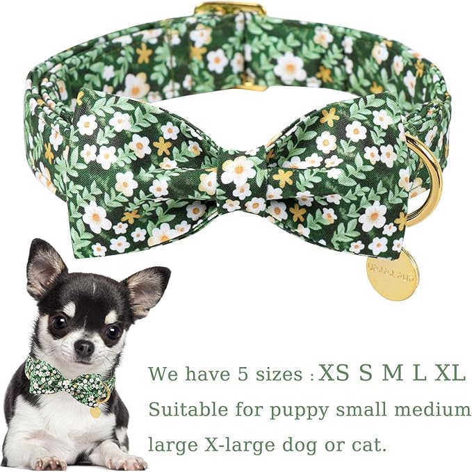 Summer Dog Collar with Bowtie, Lovely Flower Pattern Dog Bow Collar, Detachable Flowers Bowtie Bow Puppy Collars with Adjustable Metal Buckle for Dogs