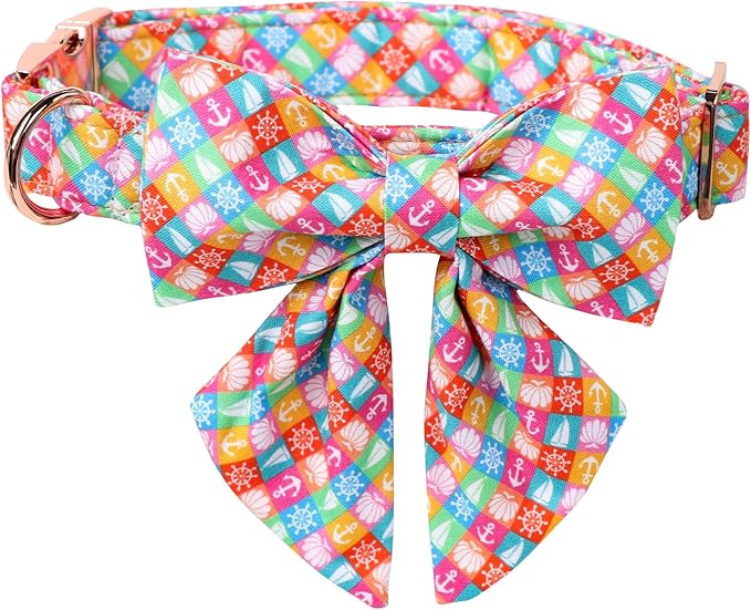 Lionet Paws Design Dogs Collar Cute Summer Sailor Bow Dog Collars for Girl Female Small Medium Dogs with Colorful Sailboat S