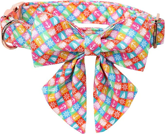 Lionet Paws Design Dogs Collar Cute Summer Sailor Bow Dog Collars for Girl Female Small Medium Dogs with Colorful Sailboat S
