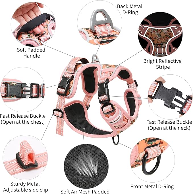 Timos No Pull Dog Harness,NO Need Go Over Dogs Head 3 Snap Buckles Reflective Oxford No Choke Puppy Harness with Front & Back 2 Metal Leash Clips Soft Padded for Small Medium Large Dogs