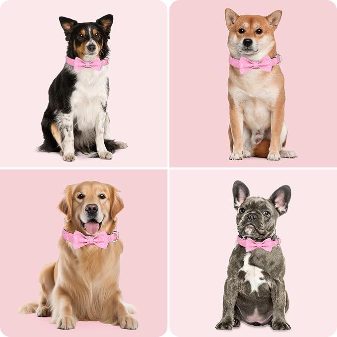 Dog Collar with Bow for Small Medium Large Dogs, Cute Bling Dog Bow Tie Collar with Metal Buckle, Soft & Durable for Medium Dogs Walking (Light Pink, M)
