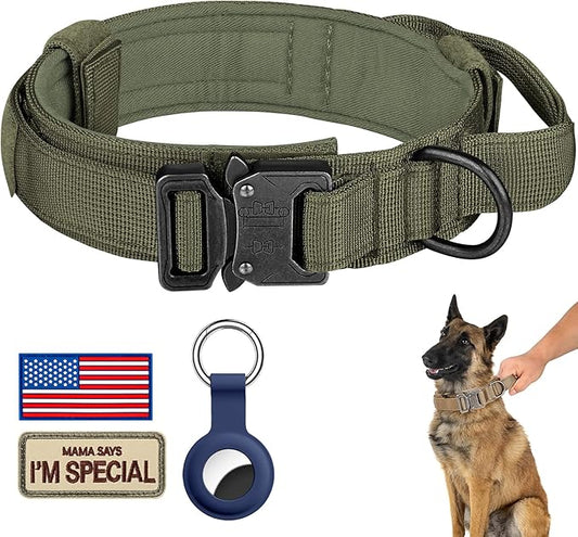 DAGANXI Tactical Dog Collar, Adjustable Military Training Nylon Dog Collar with Control Handle and Heavy Metal Buckle for Medium and Large Dogs, with Patches and Airtags Case (XL, Green)