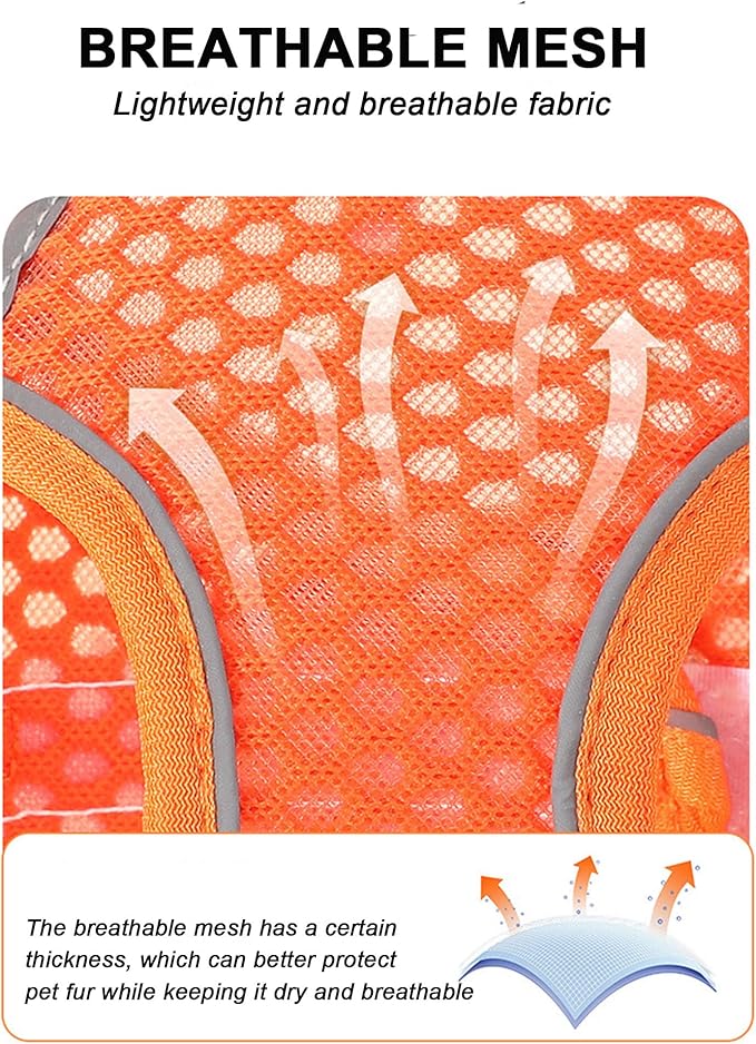 L Orange Soft Mesh Dog Harness and Leash Set,No Escape Puppy Harnesses for Training Walking, Reflective Adjustable Puppy Vest for Small Medium Dogs, Cats (Orange, L)