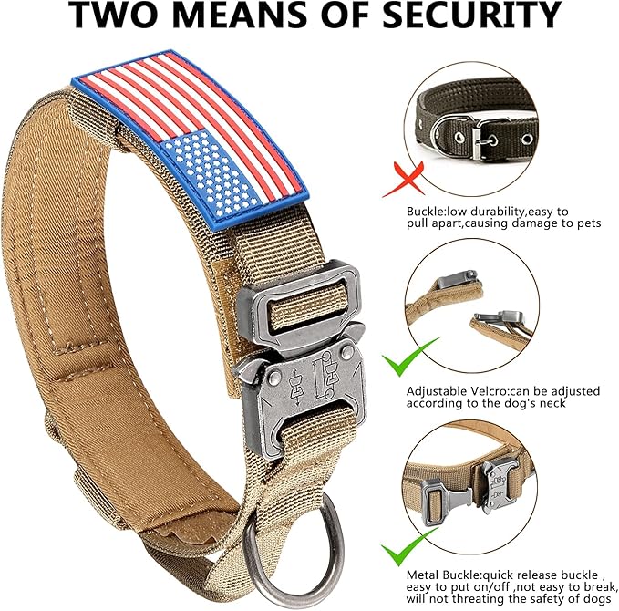 DAGANXI Tactical Dog Collar, Adjustable Military Training Nylon Dog Collar with Control Handle and Heavy Metal Buckle for Medium and Large Dogs, with Patches and Airtags Case (M, Brown)