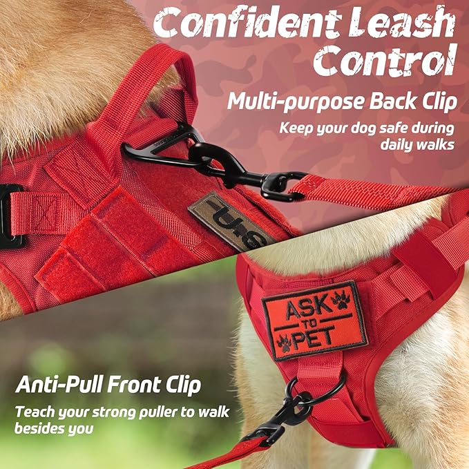 rabbitgoo Tactical Dog Harness for Large Dogs, Heavy Duty Dog Harness with Handle, No-Pull Service Dog Vest Large Breed, Adjustable Military Dog Vest Harness for Training Hunting Walking, Red, XL