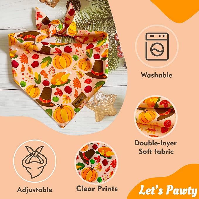 Thanksgiving Dog Bandanas - 2 Pack Reversible Fall Dog Scarf for Boy & Girl, Premium Durable Fabric, Autumn Bandana for Medium and Large Dogs (Large)