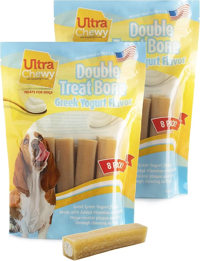 Ultra Chewy Double Treat Bones: Long-Lasting Dog Treats Made in USA for Large and Small Breeds, Highly Digestible, Ideal for Aggressive Chewers (Greek Yogurt, 2 Value Packs)